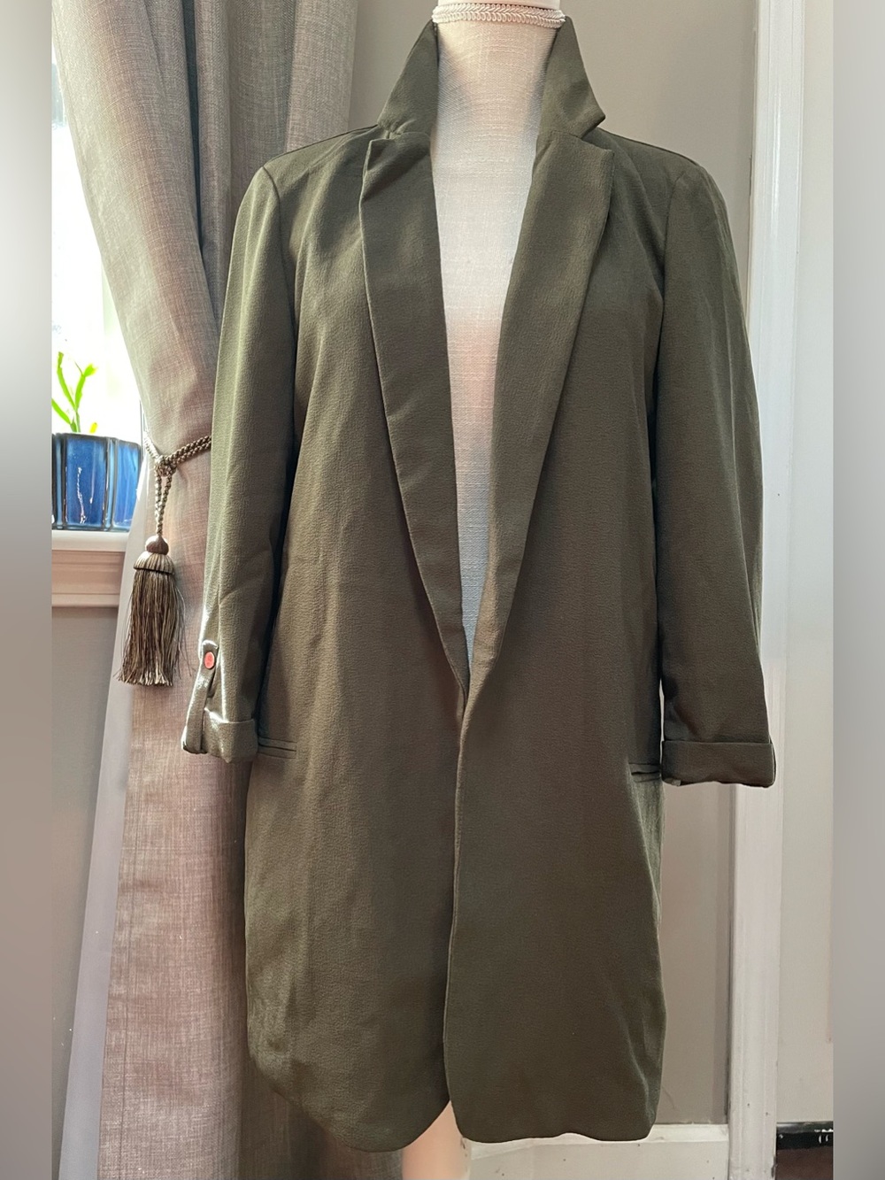 Stoosh Olive Green Long Open-Front Blazer